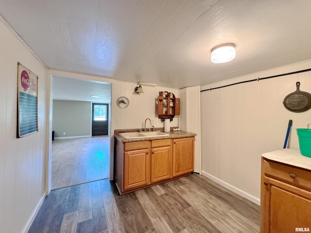 bar with light hardwood / wood-style flooring, sink, and wooden walls