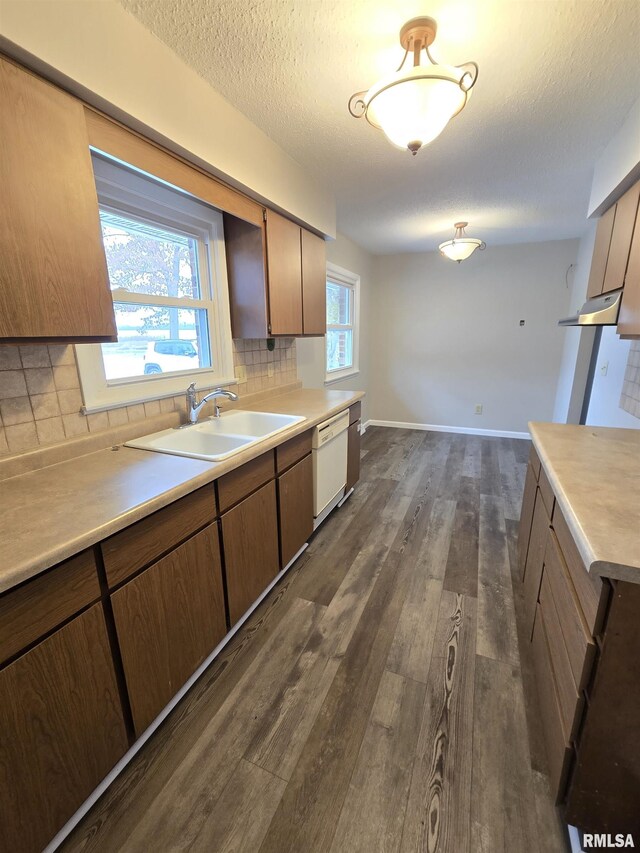 1638 Knox Highway 15, Dahinda, IL 61428 - kitchen featuring a sink, white dishwasher, dark wood finished floors, backsplash, and light countertops