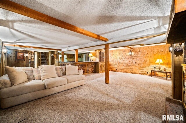 1638 Knox Highway 15, Dahinda, IL 61428 - carpeted living area with wood walls, beamed ceiling, stairs, and a textured ceiling