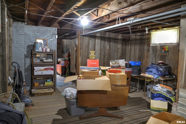 basement featuring carpet flooring and wood walls