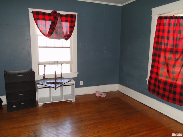 interior space with hardwood / wood-style flooring and crown molding