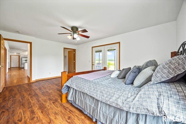 bedroom with french doors, ceiling fan, dark hardwood / wood-style flooring, and access to outside