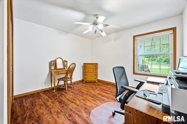 office featuring ceiling fan and hardwood / wood-style floors