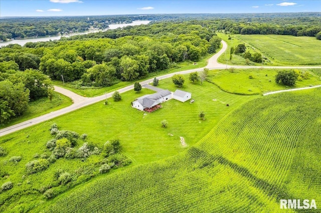 birds eye view of property with a water view and a rural view