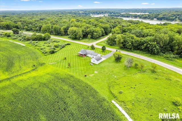 bird's eye view with a water view and a rural view