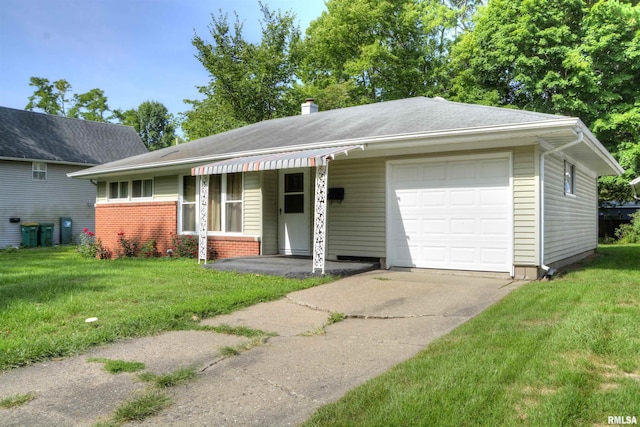 single story home with a front yard and a garage