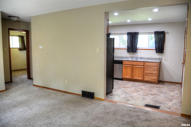 kitchen with stainless steel dishwasher, sink, and light colored carpet