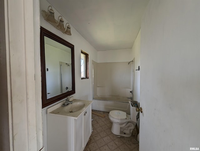 full bathroom featuring vanity, washtub / shower combination, and toilet