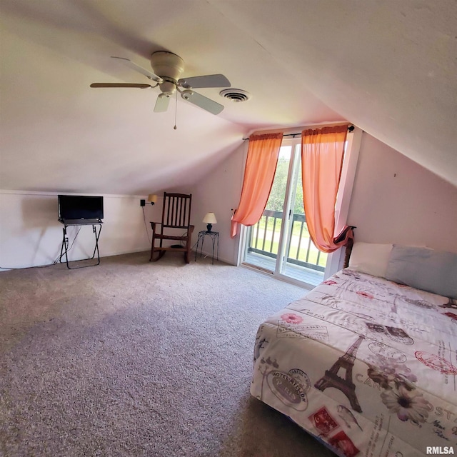 unfurnished bedroom featuring access to exterior, vaulted ceiling, and carpet