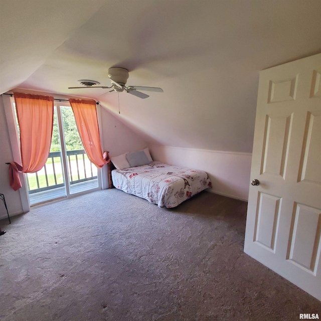 carpeted bedroom featuring lofted ceiling, access to exterior, and ceiling fan