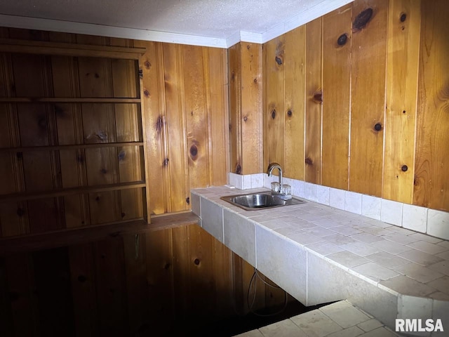 interior space with ornamental molding, sink, wooden walls, and tile counters