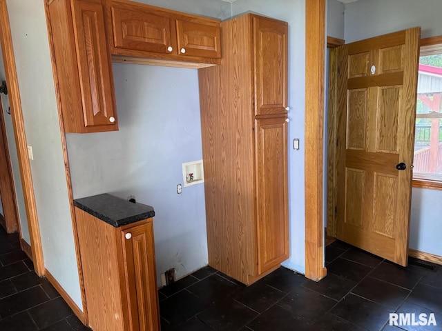 kitchen with dark tile patterned floors