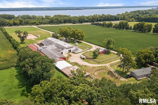 bird's eye view with a rural view and a water view