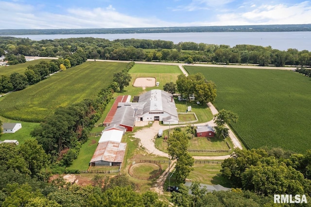 aerial view featuring a rural view and a water view