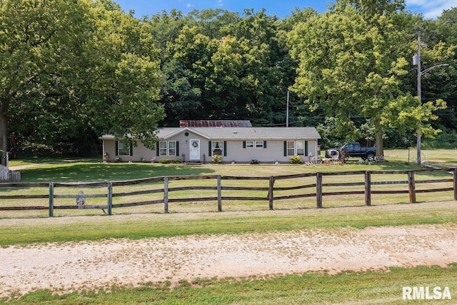 ranch-style home featuring a fenced front yard and a front lawn
