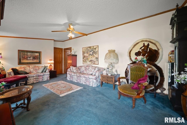 living room with ceiling fan, carpet flooring, a textured ceiling, and crown molding