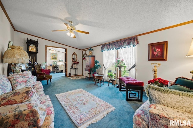 carpeted living room with a textured ceiling, vaulted ceiling, crown molding, and a ceiling fan