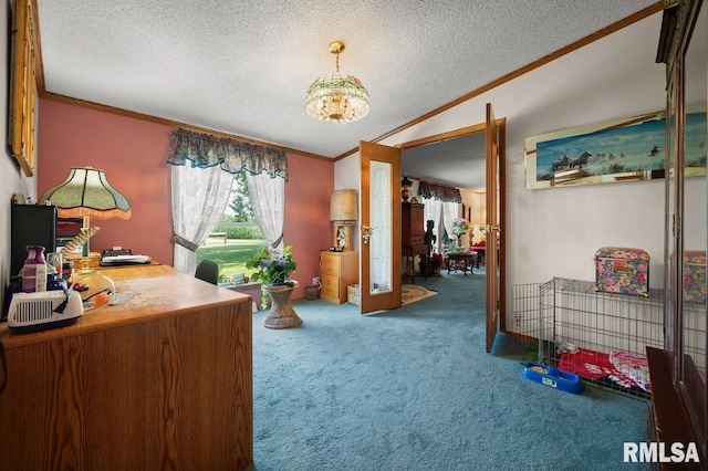 carpeted office space featuring ornamental molding, vaulted ceiling, and a textured ceiling