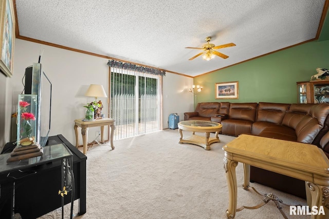 living room with crown molding, a textured ceiling, lofted ceiling, light colored carpet, and ceiling fan