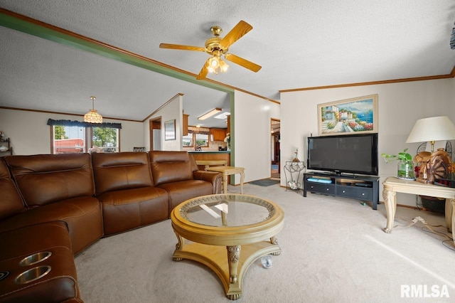 living room featuring crown molding, a textured ceiling, lofted ceiling, ceiling fan, and light carpet