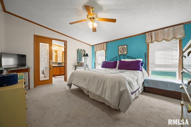 carpeted bedroom with multiple windows, lofted ceiling, crown molding, and a textured ceiling