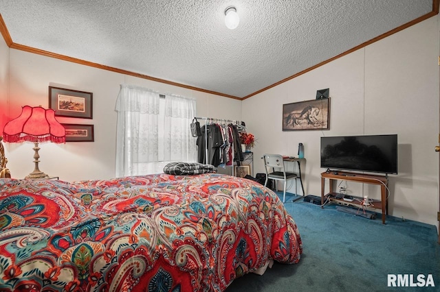 carpeted bedroom with crown molding, lofted ceiling, and a textured ceiling