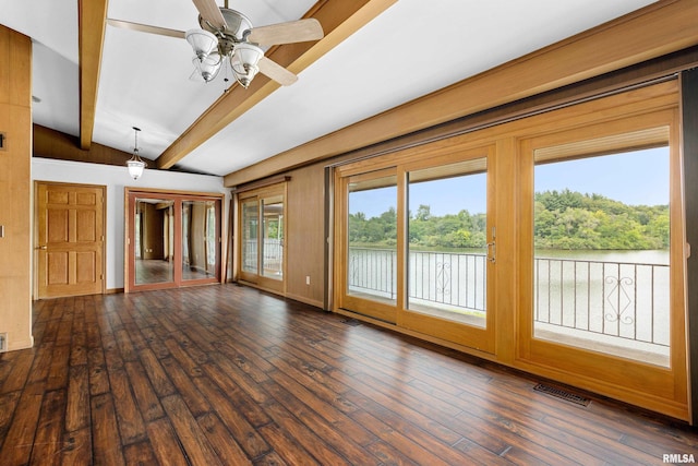 unfurnished room with vaulted ceiling with beams, dark wood-type flooring, and ceiling fan