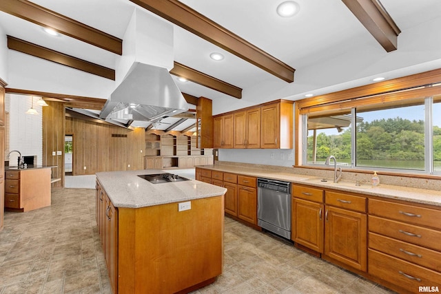 kitchen featuring dishwasher, beam ceiling, a center island, light stone counters, and island exhaust hood