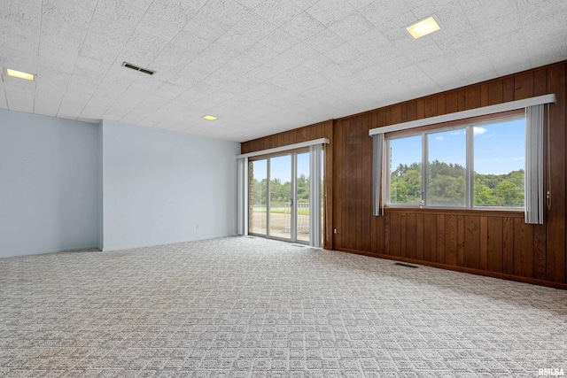 carpeted empty room with a healthy amount of sunlight and wood walls