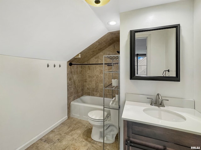 full bathroom featuring vaulted ceiling, tiled shower / bath combo, vanity, and toilet