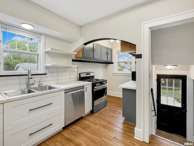 kitchen with appliances with stainless steel finishes, decorative backsplash, white cabinets, light hardwood / wood-style flooring, and sink