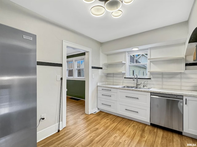 kitchen with appliances with stainless steel finishes, backsplash, sink, and white cabinets