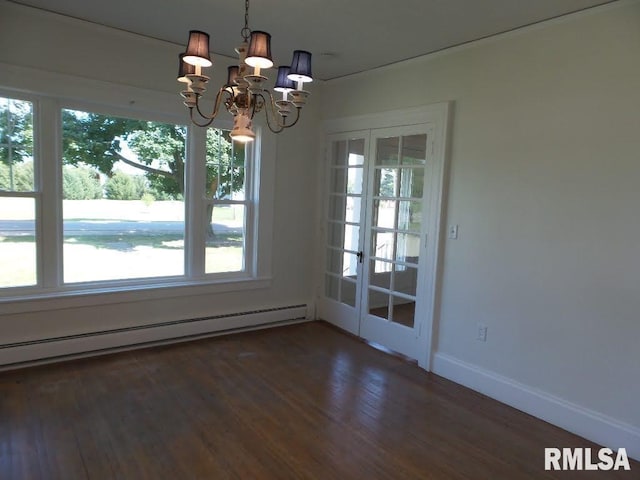 unfurnished dining area with a chandelier, a baseboard radiator, and dark hardwood / wood-style floors