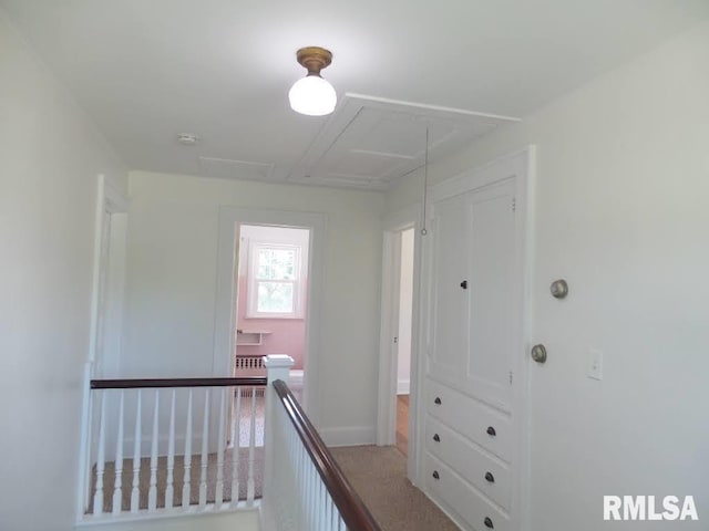 hallway featuring light colored carpet