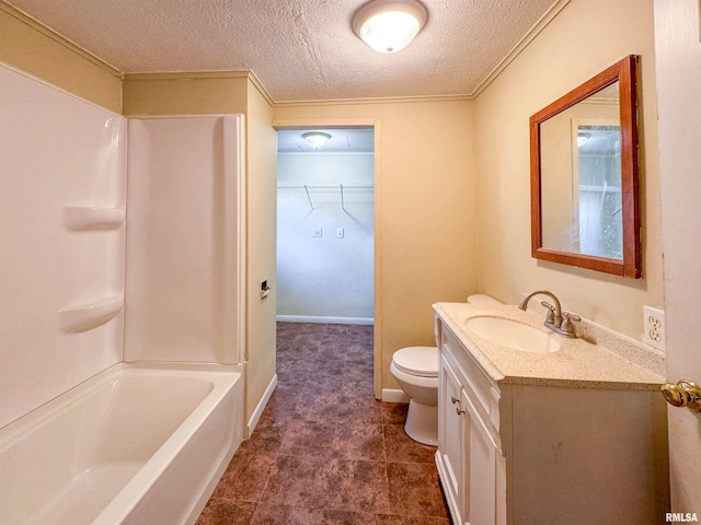 full bathroom with tile patterned floors, a textured ceiling, vanity, and toilet