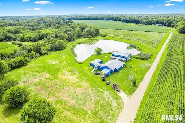 drone / aerial view featuring a rural view and a water view