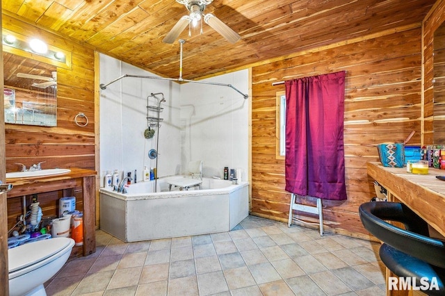 full bathroom featuring wood ceiling, wood walls, and tile patterned flooring