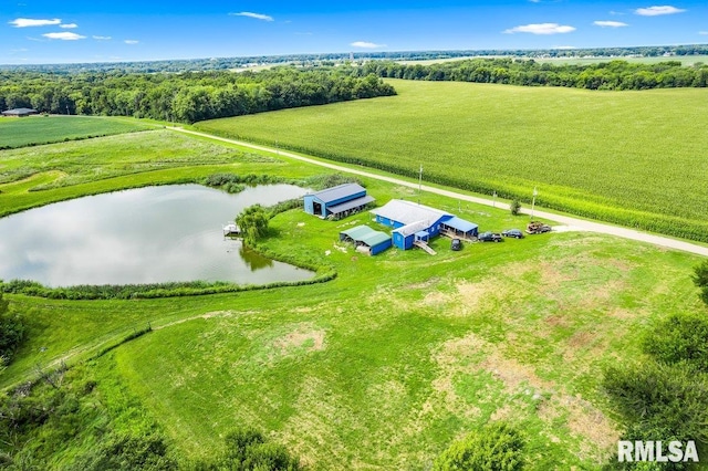 birds eye view of property featuring a water view and a rural view