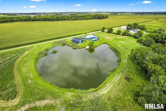 bird's eye view featuring a water view and a rural view