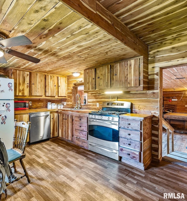 kitchen featuring hardwood / wood-style flooring, wooden walls, wood ceiling, appliances with stainless steel finishes, and ceiling fan