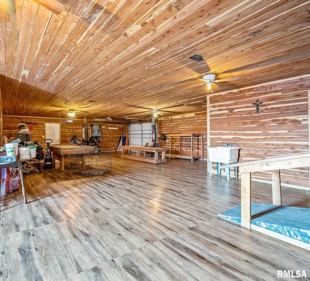 misc room featuring light hardwood / wood-style flooring, ceiling fan, and wooden ceiling