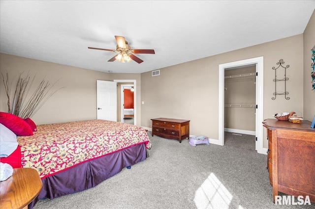 bedroom with a closet, ceiling fan, a spacious closet, and carpet floors