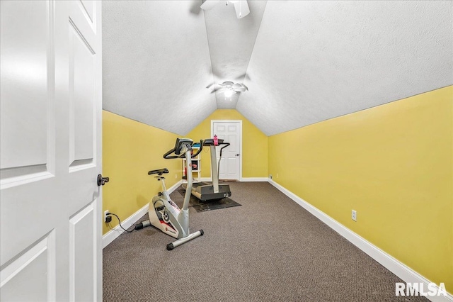 exercise area with a textured ceiling, lofted ceiling, ceiling fan, and carpet