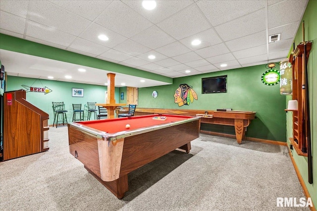 playroom with billiards, bar area, a paneled ceiling, and carpet floors