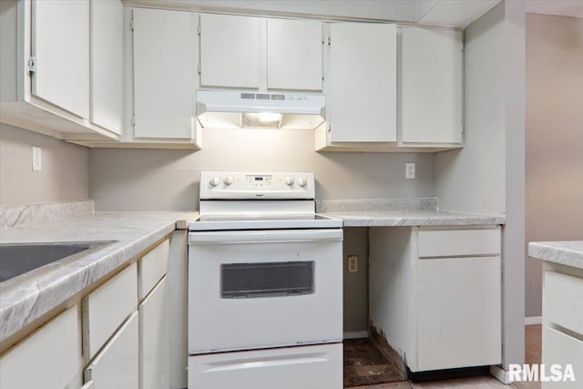 kitchen featuring hardwood / wood-style floors, white range with electric cooktop, and white cabinets