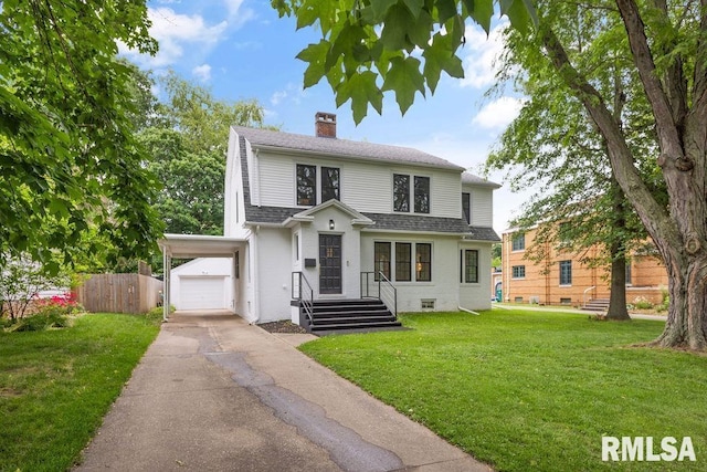 view of front facade featuring a chimney, fence, a front lawn, driveway, and roof with shingles