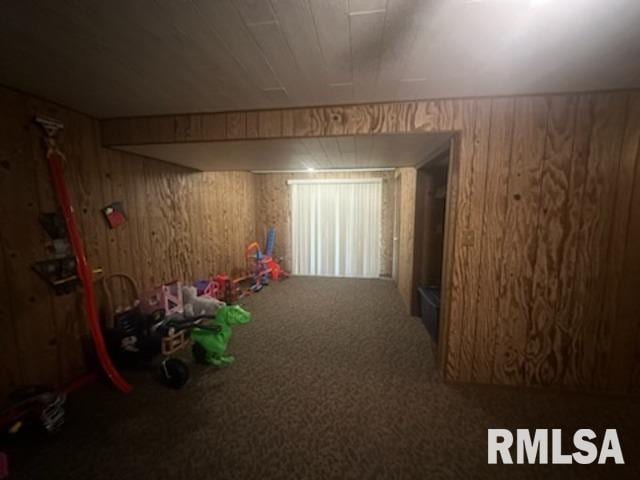 recreation room featuring wood walls and carpet floors