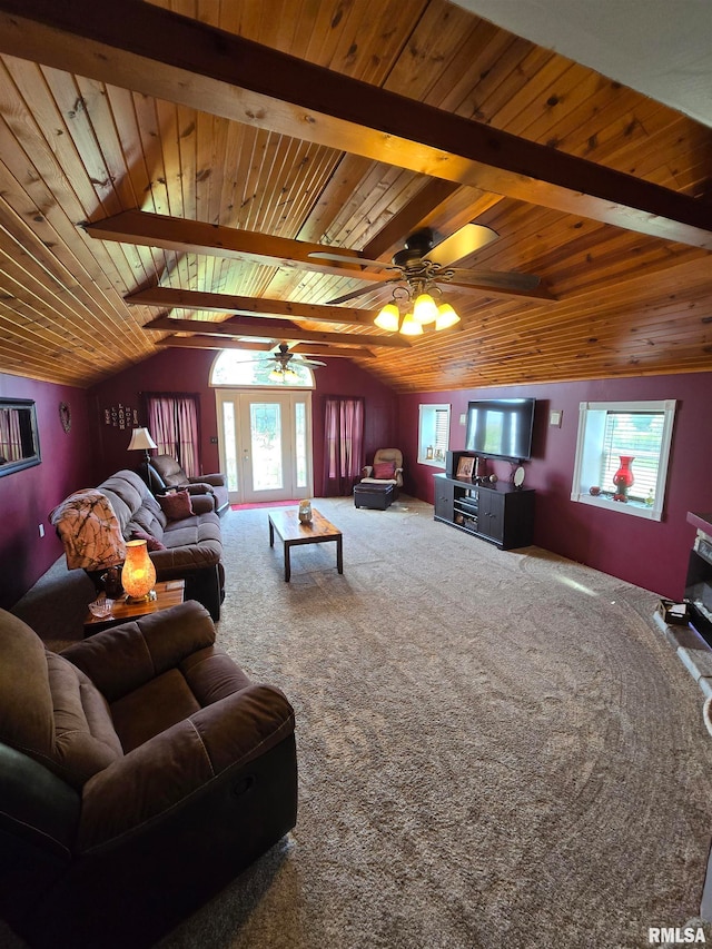 carpeted living room with wooden ceiling, lofted ceiling with beams, a healthy amount of sunlight, and ceiling fan