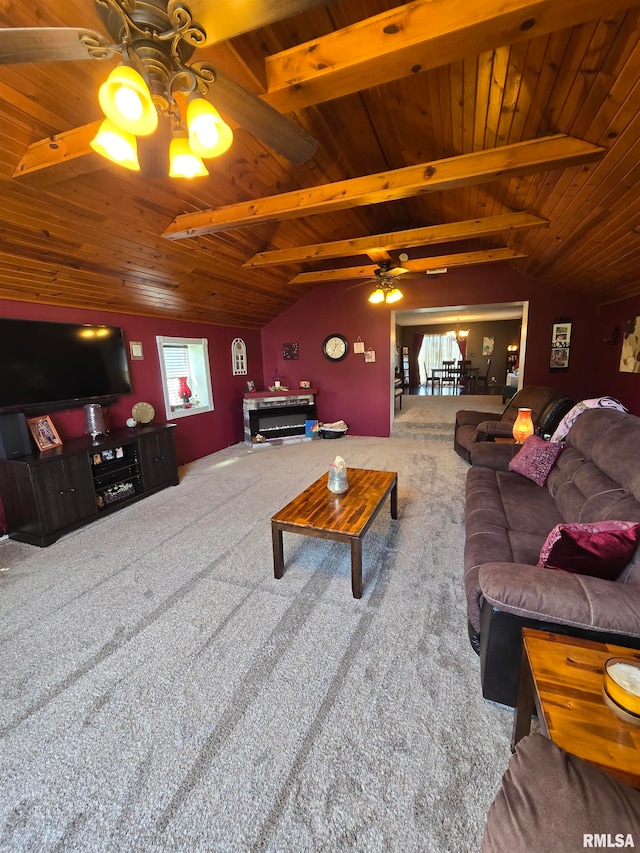 living room with carpet flooring, ceiling fan, wooden ceiling, and lofted ceiling with beams