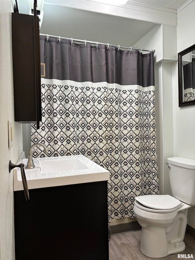 bathroom with toilet, hardwood / wood-style flooring, and vanity